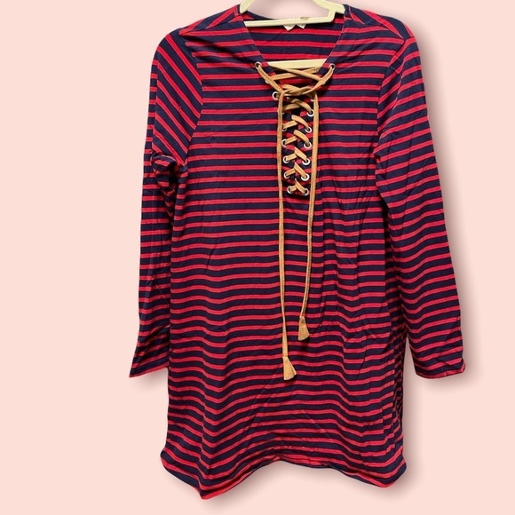 Umgee dress striped lace tie front long sleeve elbow patches loose fit Sz small - Picture 1 of 10
